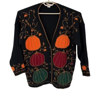 J.J. Poole Vintage Cardigan Sweater Pumpkins Fall Halloween Size Large